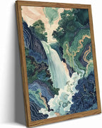 Framed Japanese Waterfall Canvas Wall Art, Abstract Landscape Wall Decor Paintings, Blue Green Nature Mountain Pictures Prints Zen Aesthetics Home Decor for Living Room Bedroom Bathroom 12x16 inch