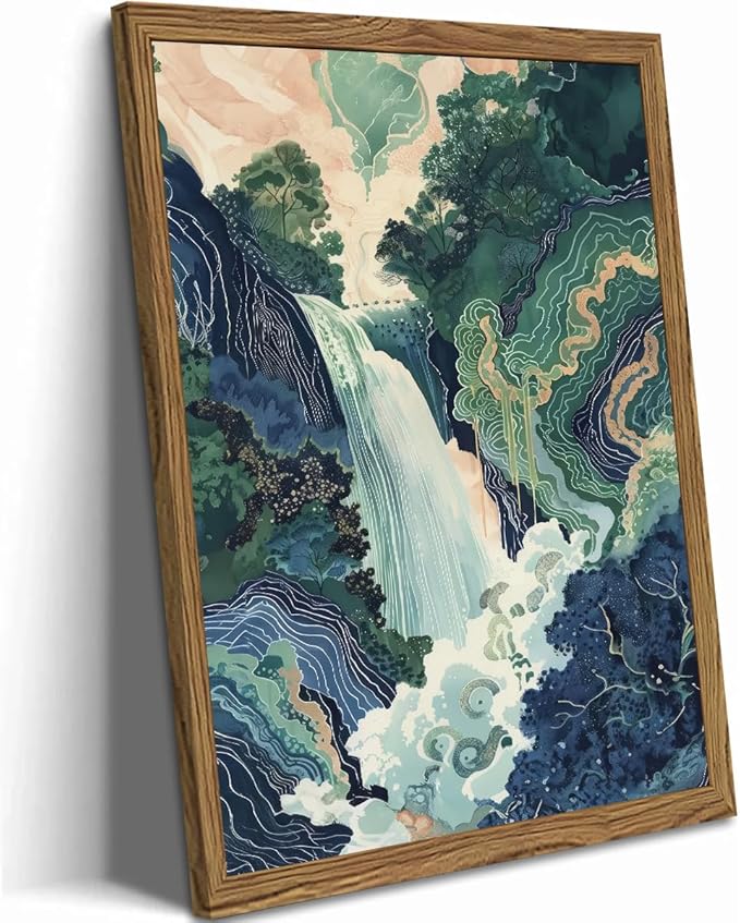 Framed Japanese Waterfall Canvas Wall Art, Abstract Landscape Wall Decor Paintings, Blue Green Nature Mountain Pictures Prints Zen Aesthetics Home Decor for Living Room Bedroom Bathroom 12x16 inch