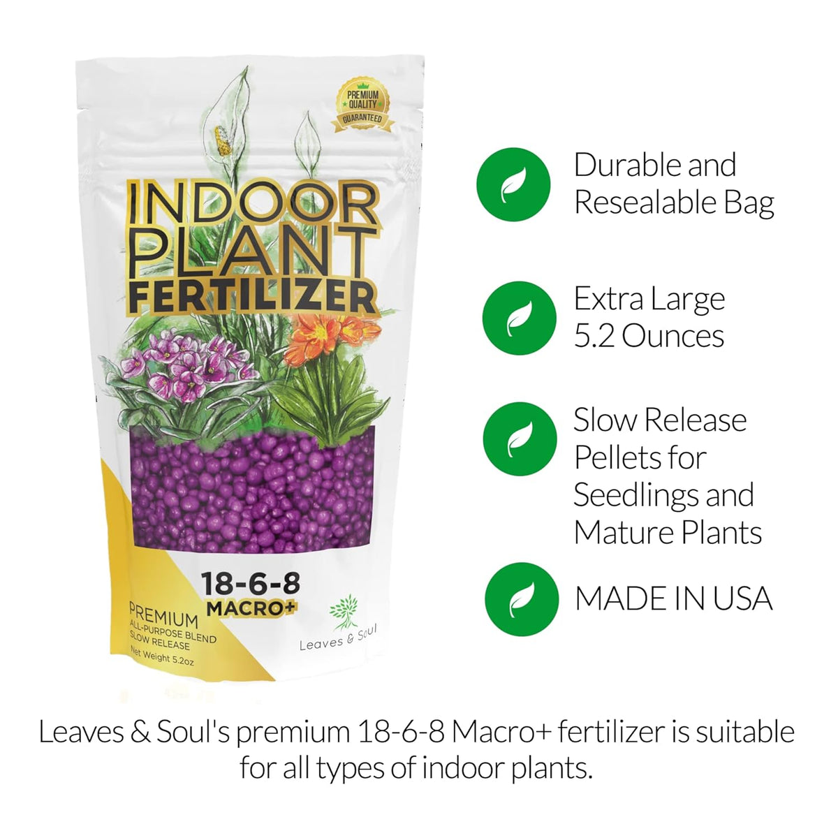 Indoor Plant Fertilizer Pellets | 18-6-8 Macro Plus for Seedlings and Mature Plants | Multi-Purpose Blend & Gardening Supplies| 5.2 oz Resealable Packaging