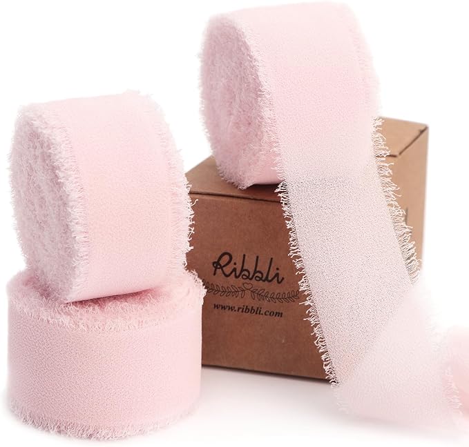 Ribbli Pale Blush Ribbon 1 Inch x 3 Rolls Total 24 Yards Light Pink Handmade Fringe Chiffon Silk Ribbon for Wrapping Wedding Invitations Bridal Bouquets DIY Crafts Home Decor