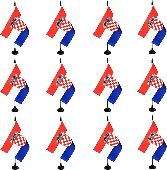 Croatia Desk Flag, 12 Pack Croatian Table Office Flag with Black Solid Pole and Stand Base, International Country Flag, Festival Celebration, Classroom Meeting Desktop Decor (Croatia)