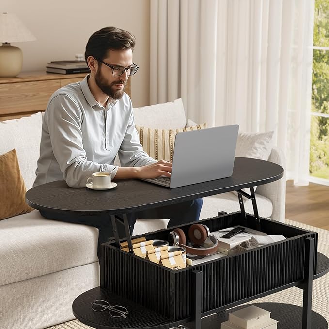 FABATO 41.7" Oval Lift Top Coffee Table, Fluted Wood Center Table with Hidden Storage, 3 Tier Small Tables with Curved Edge, Modern Narrow Coffee Table for Living Room Reception Room, Black