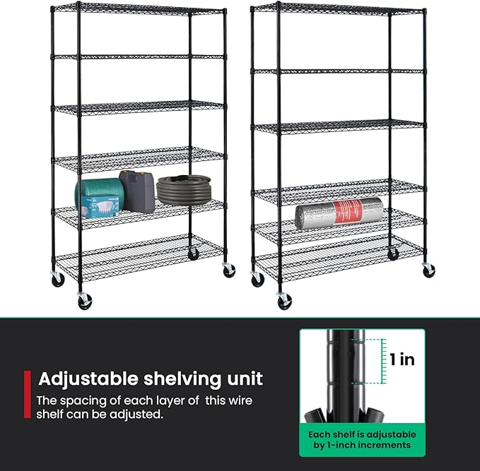 PayLessHere Commercial Grade 6 Tier Adjustable Storage Shelf Heavy Duty Metal Shelf NSF Certified Wire Shelving Unit with Wheels 6000LBS Capacity 18" D x 48" W x 72" H,Black