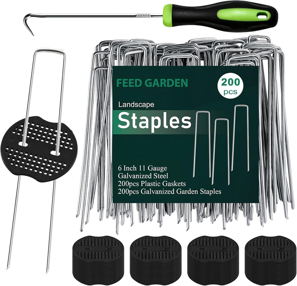 FEED GARDEN 6 Inch 200 Pcs Galvanized Landscape Staples 200 Pcs Gaskets Pick Hook Garden Stakes 11 Gauge Anti-Rust Landscaping Fabric SOD Pins U Shaped Yard Turf Stakes for Weed Barrier Fabric