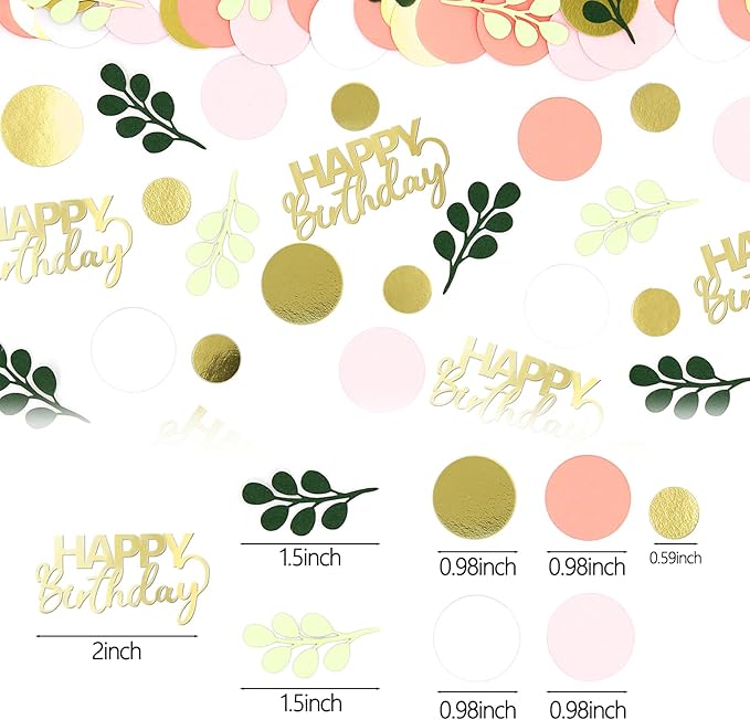 300PC Pink and Sage Green Happy Birthday Confetti for Table Boho Birthday Decorations for Women/Girl Round Dots Eucalyptus Table Scatters Party Supplies