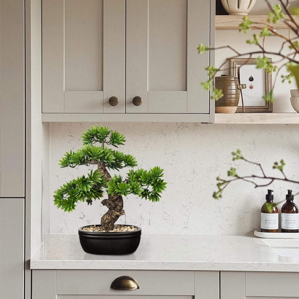 Fake Bonsai Tree Small Bonsai Plant 15.7” Tall Artificial Bonsai Trees with Black Pot Decorated with Pebbles Desk Plant Indoor Bonsai for Home Office Decor