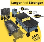 Sekey 48''L Collapsible Foldable Extended Wagon with 440lbs Weight Capacity, Heavy Duty 300L Folding Utility Garden Cart with Big All-Terrain Beach Wheels & Drink Holders. Blue&Grey