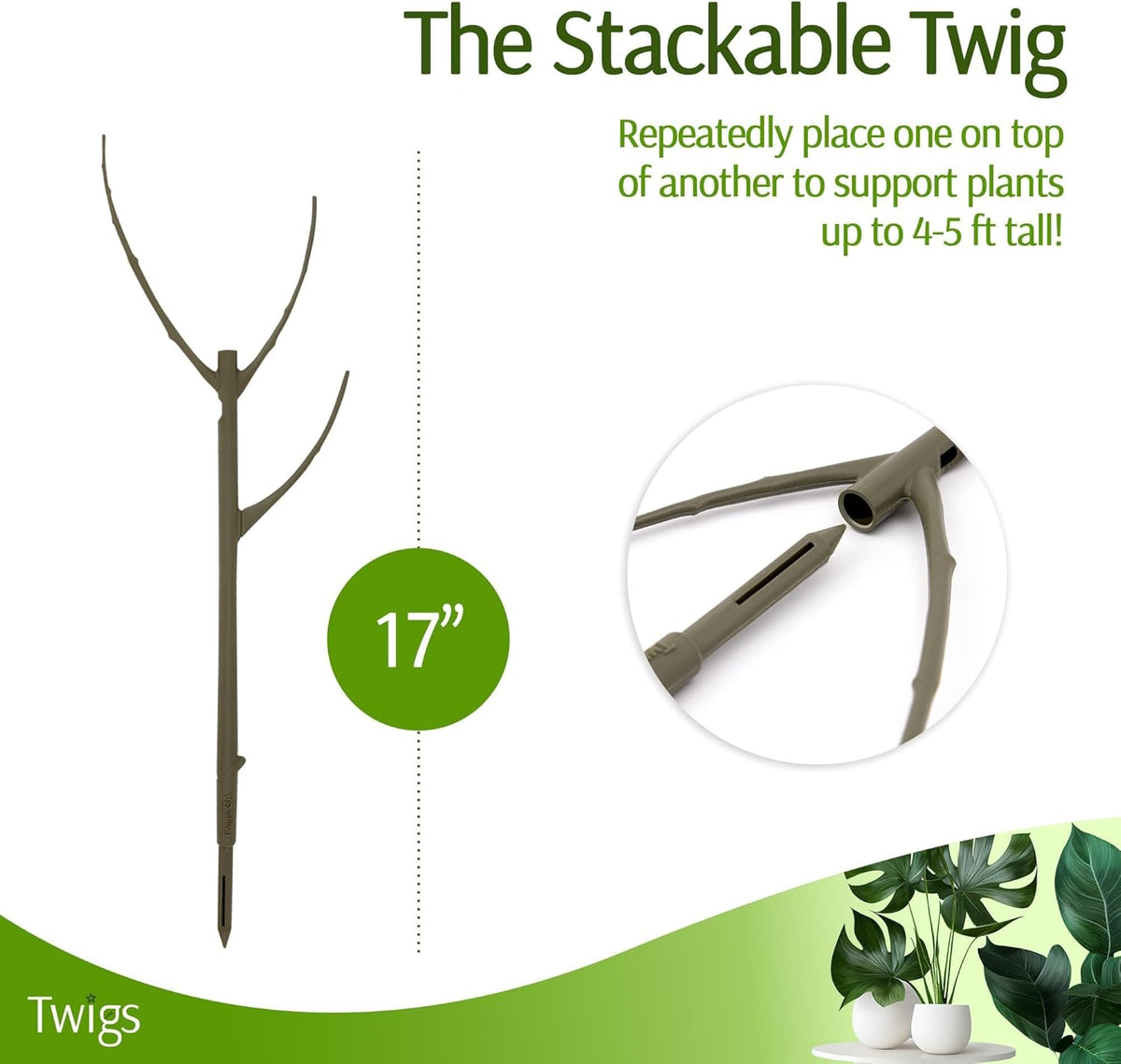 Stackable Plant Support Stakes, Stem Holder Structures for Indoor & Outdoor Use, Garden Accessories for Climbing & Potted Plants, Trellis Alternative - Moonstone, 3 Pack, 17" L