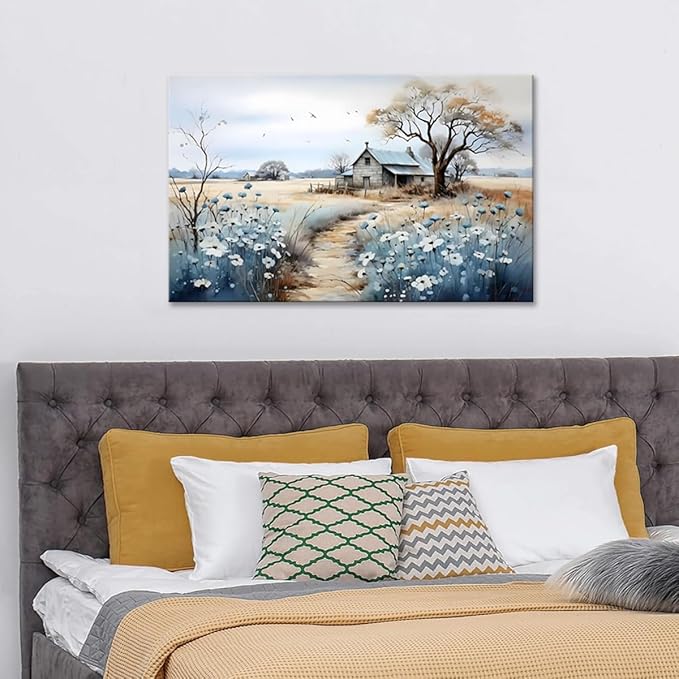 CYULWNNO Rustic Farmhouse Wall Art Beautiful Field Painting Pictures Decor Wildflower Barn Canvas Prints Nature Scenery French Countryside Poster for Bathroom Bedroom Living Room Wall Decor 12x16in Framed