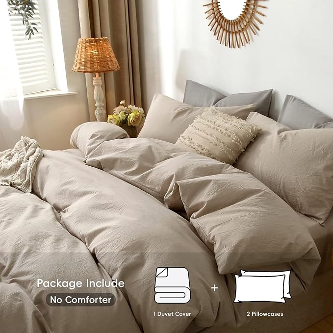 MooMee Bedding Duvet Cover Set 100% Washed Cotton Linen Like Textured Breathable Durable Soft Comfy (Heathered Taupe, Cal King 104"x98")