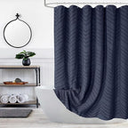 84 Inches Long Boho Tufted Chevron Striped Fabric Shower Curtain Navy Blue 72x84 Tall Minimalist Waterproof Cloth Shower Curtain, Wrinkle Free