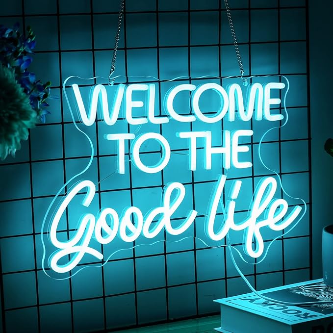 Welcome To The Good Life Neon Sign Letter LED Neon Lights Dimmable USB Powered 16.5’’X11’’Cool Wall Decorative Light Bedroom Kids Room Birthday Party Bar Decoration Gifts for Friend（Ice blue）