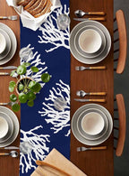 Coastal Coral Cotton Linen Table Runner for Dining Kitchen, Wedding Outdoor Party Tablerunners Decoration, Navy Blue Nautical Ocean Beach Dresser Scarf Coffee Tablecloth Runners 13x36 Inches