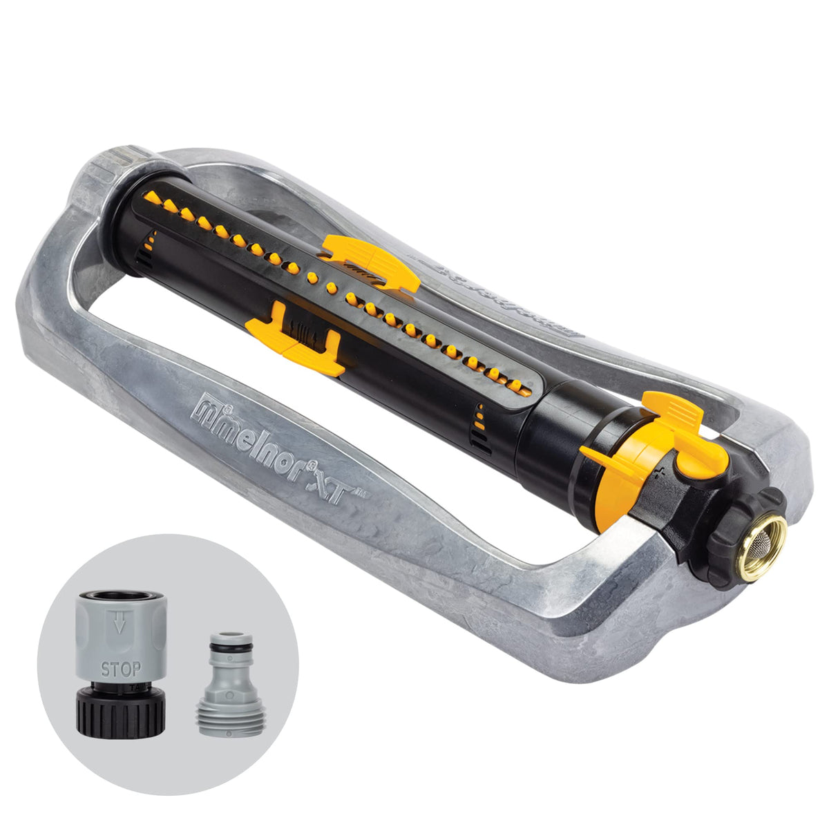 Melnor Metal Oscillating Sprinkler 4500 Sq Ft: Flow, Width, Range Adjust