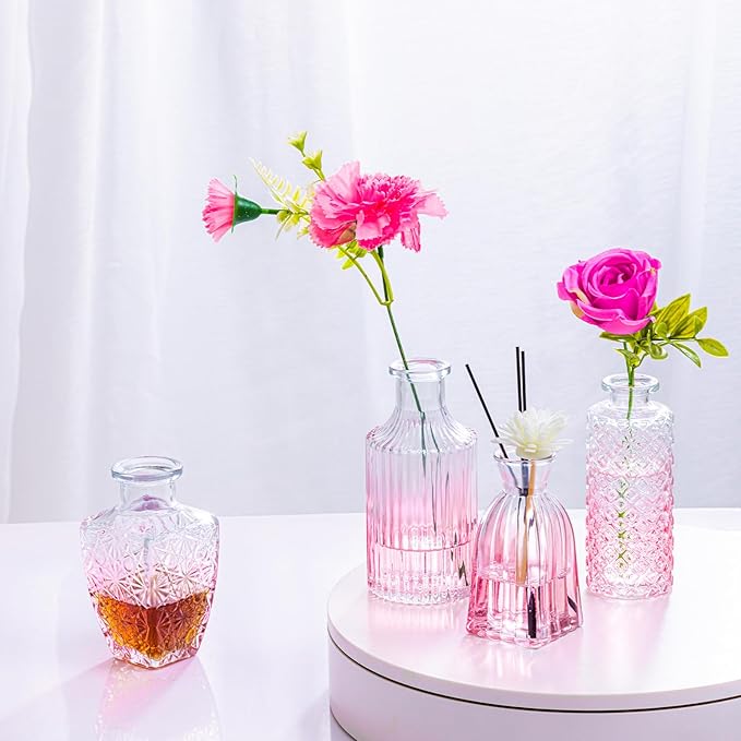 Ollieroo 24Pcs Glass Bud Vases Set, Small Pink Vases in Bulk for Flowers Arrangements, Floral Vintage Rustic Vase for Wedding Party Centerpiece Table Decorations, Entryways, Home