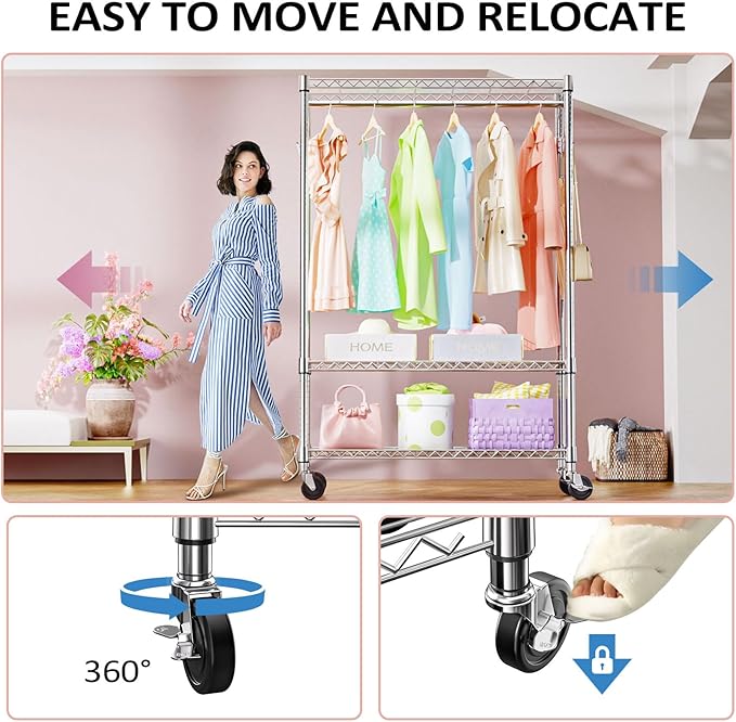 IZEUK Heavy Duty Garment Rack on Wheels, Rolling Freestanding Closet Organizer and Clothes Rack for Hanging Clothes with 1 Hang Rod, Adjustable Metal Wardrobe, 15.7" D x 45.3" W x 75.6" H, Chrome