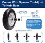 4.80/4.00-8 Tire, 14.5" Flat Free Wheelbarrow Tire and Wheel, 5/8" 3/4" Bearings Solid Replacement Tires, 3" -7" Centered Hub, Universal Fit 3.50/3.00-8, 4.00-6 Trolley Dolly Go Kar, 1 Pack
