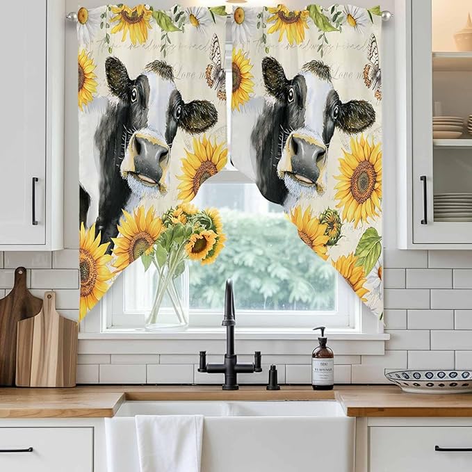 Yellow Sunflowers Swag Valances for Windows, Country Cow Flower Butterfly Farmhouse Cream Rod Pocket Kitchen Curtains Valance, Kitchen Window Curtains Swag for Cafe Living Room, 2 Panels, 36x45 inch