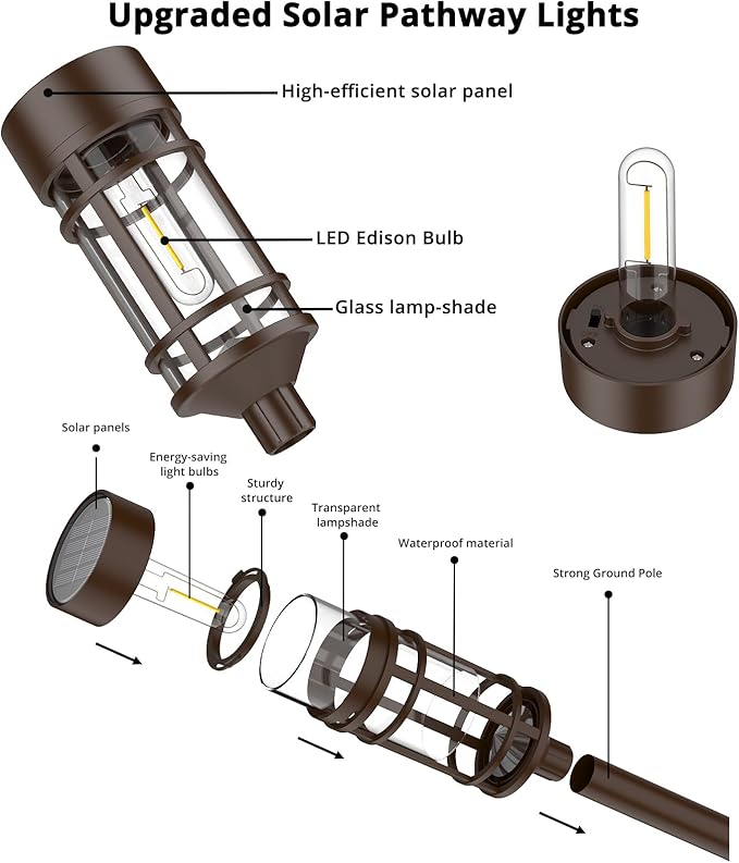Solar Pathway Lights Outdoor Solar Lights 8 Pack Metal & Glass Design - Waterproof Auto On/Off Bright Long-Lasting Garden Landscape Lighting Walkway Driveway