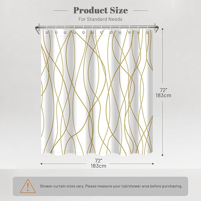 Punkray Gold Light Brown and White Striped Wavy Line Polyester Shower Curtain for Bathroom with Hooks, Shower Curtain Set Stripe Bath Curtains Decor Weighted Hem Washable, 72 x 72