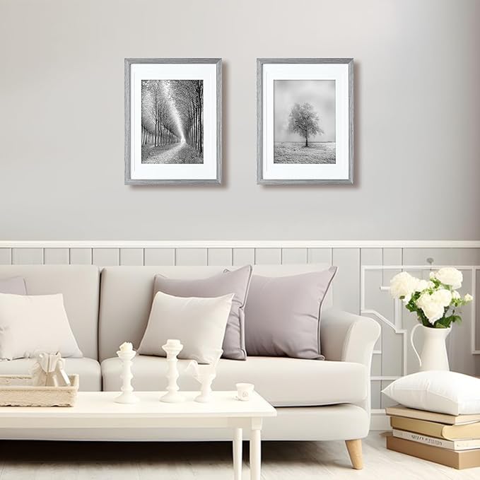 KINLINK 12x16 Picture Frame Grey, Solid Wood Frames with Acrylic Plexiglass for Pictures 11x14/9x12 with Mat or 12x16 without Mat,Wall Display Photo Frame, Set of 4