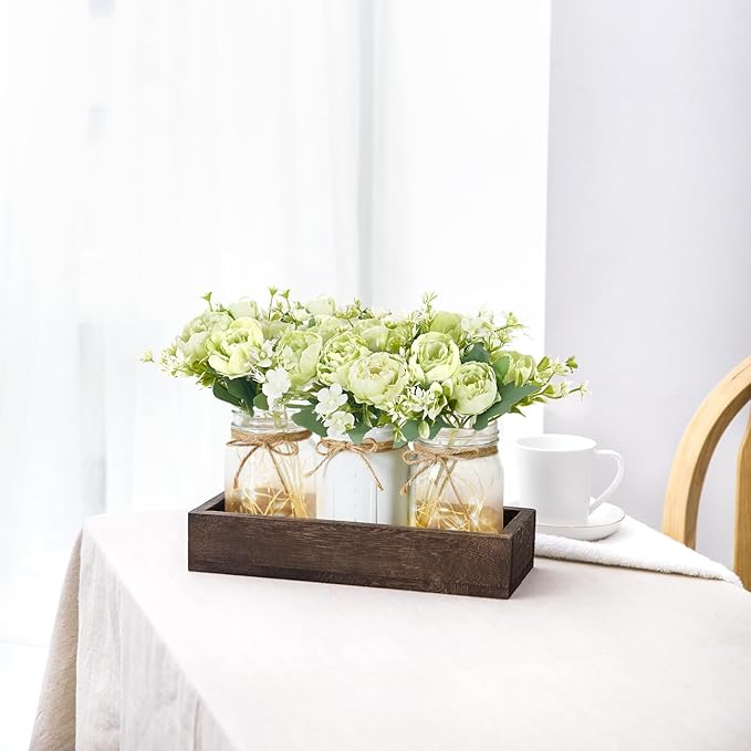 Mkono Mason Jar Lights Centerpiece Table Decorations for Dining Room Farmhouse Coffee Table Decor Wood Tray with 3 Jars Flowers for Kitchen Living Dining Room (Light Green)