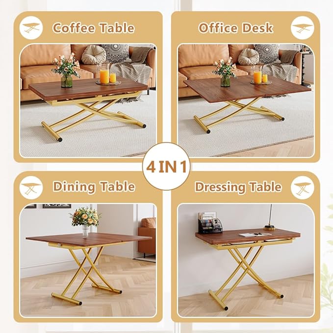 4 in 1 Folding Dining Table with Adjustable Lift Top & Wheels, Multi-Function Coffee Table to Dining Table for Apartments, Kitchens, Living Rooms, Scratch-Resistant & Easy Assembly