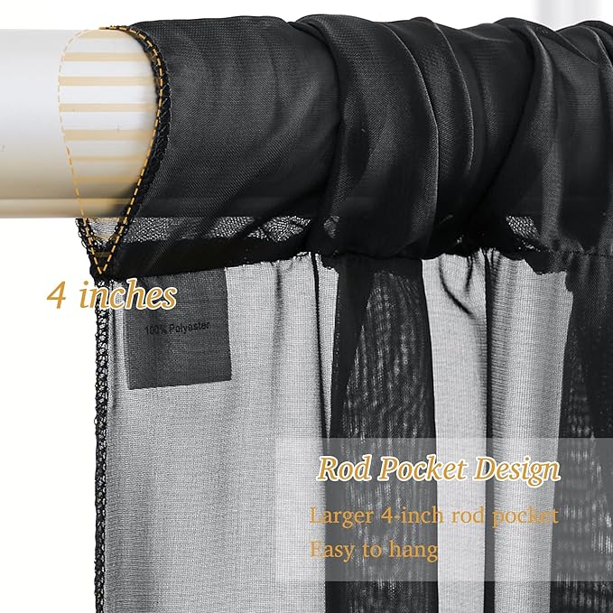 10x10ft Black Chiffon Backdrop Curtain with Lights for Wedding Birthday Parties, Wrinkle Free Backdrop Curtains with Lights for Halloween Baby Shower Gender Reveal Photo Shoot (5 x 10ft,2 Panels)