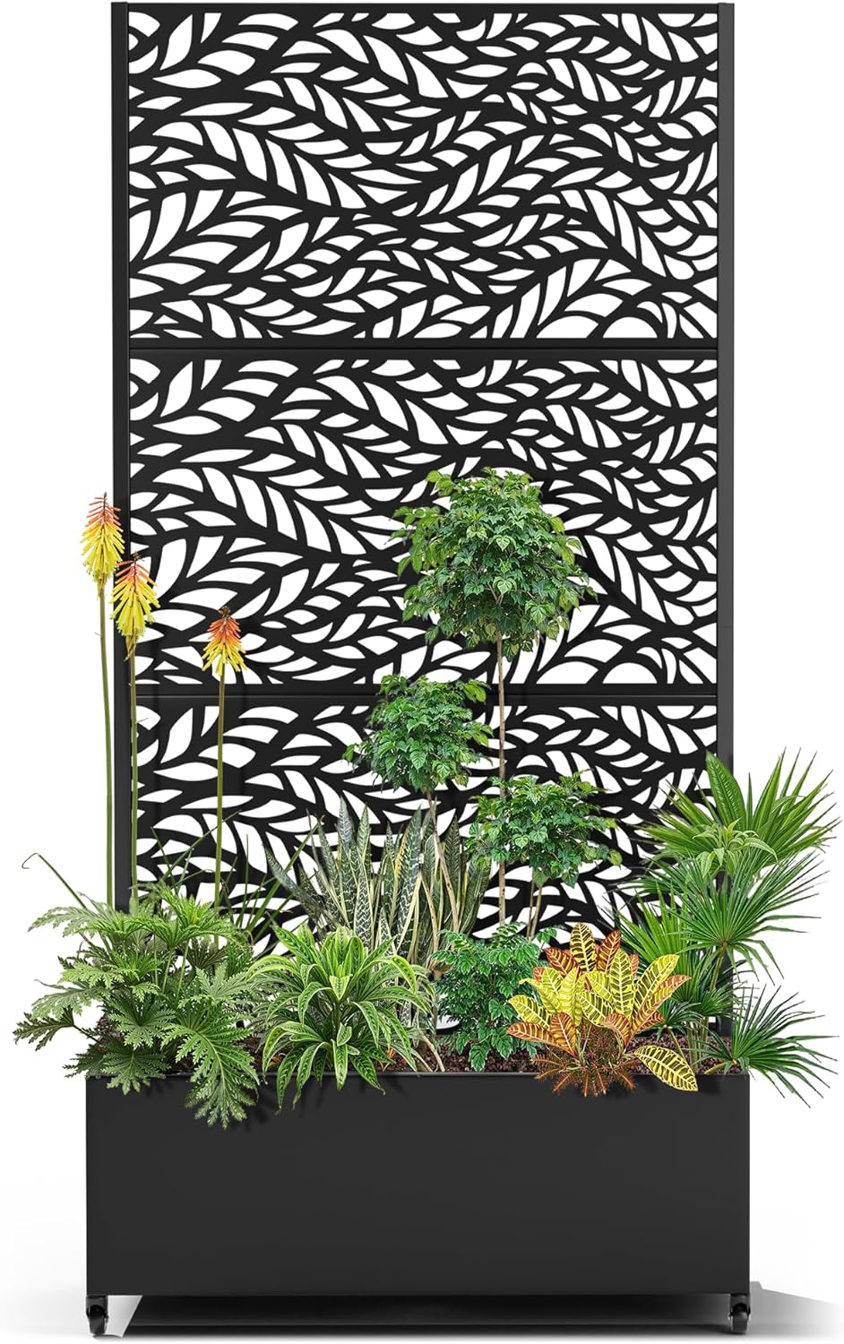 15.7"×70.9"×35.4" Metal Raised Garden Bed with Trellis and Wheels - Tall Trellis Planter Box for Climbing Plants, Vegetables & Vines - Outdoor Privacy Planters for Patio (Black-Spring)