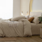 JIYUAN 100% Washed Cotton Duvet Cover Set 3 Pieces Oversized King, 1 Duvet Cover 120x98 Inches(Comforter Not Included) and 2 Pillowcases,Linen Feel Bedding Set Comfy and Breathable, Heathered Tan