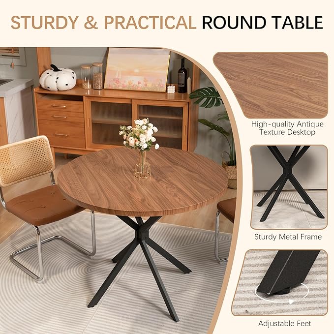 DKLGG Round Dining Table, 39" Mid-Century Modern Round Kitchen Table for 4-5 People, w/1.18" Thickness Tabletop & Black Metal Legs Leisure Table for Kitchen Dining Restaurant Furniture