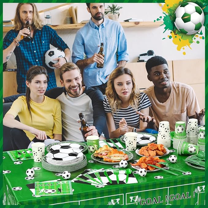 452 Pcs Soccer Party Decorations for 50, Soccer Paper Plates and Napkins Cups Tablecloth Cutlery Straws Disposable Tableware Set for Sports Themed Birthday Team Party Supplies