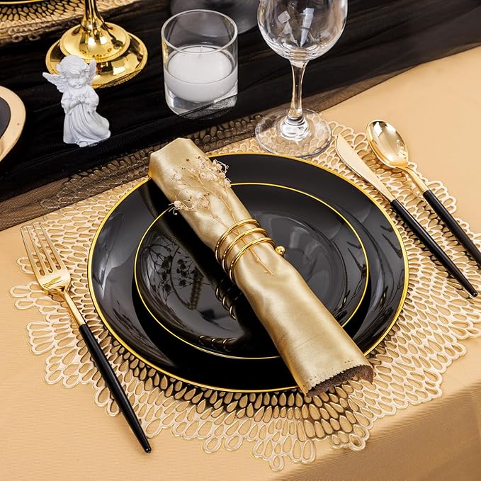 150pcs Black Plastic Plates, Black and Gold Plates,Gold Plastic Silverware,Black and Gold Dinnerware Set,Premiun Taleware,Perfect for Birthday,Party,Wedding,Anniversary