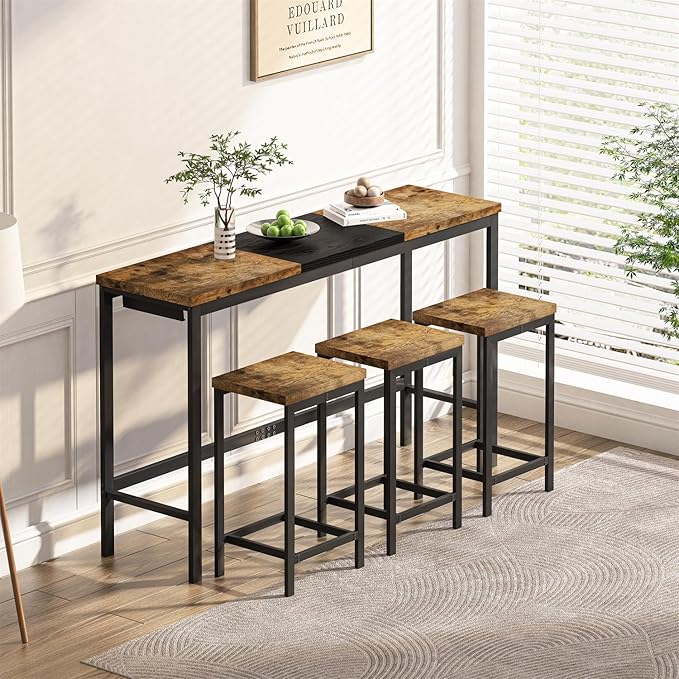Harper & Bright Designs 4-Piece Dining Table Set, 60.2" L Wood Dining Table with 3 Stools and Metal Frame for Kitchen Dining Room, Convenient Hanging Stool Design, Natural+Black