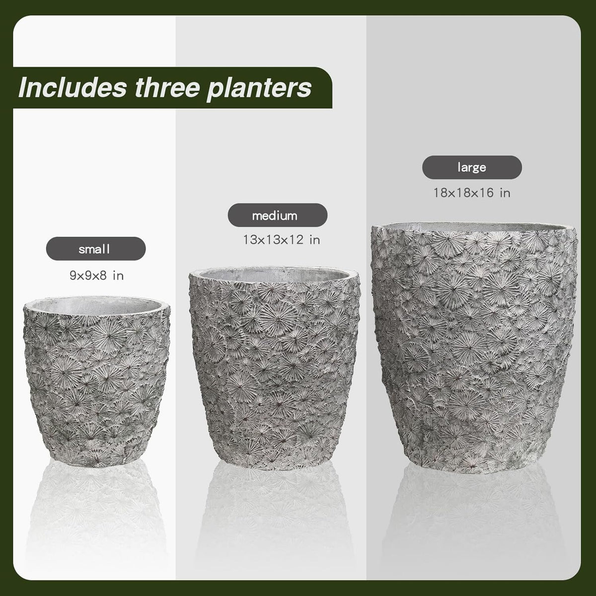 Craft flowerpots 16"+12"+10" Dia Round Concrete Planter Set of 3 Large Outdoor/Indoor Planter Pots Containers with Drainage Holes and Rubber Plug for Home Garden (Grey, Large)