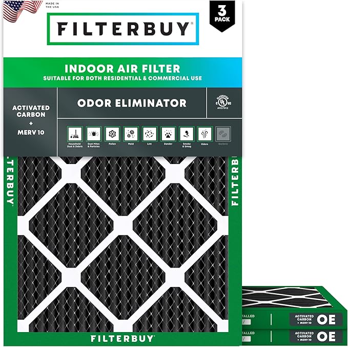 Filterbuy 18x24x1 Air Filter MERV 10 Odor & Allergy Defense with Activated Carbon (3-Pack), Electrostatic Pleated HVAC AC Furnace Filters Replacement, Made in USA (Actual Size: 17.38 x 23.38 x 0.75)