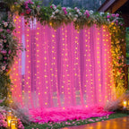 10×10ft Hot Pink Tulle Backdrop Curtain with Lights String for Parties, Sheer Photo Backdrop Curtains for Wedding Party Photography Background