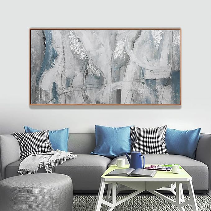 Large Abstract Wall Art For Living Room Hanging Decor Grunge Room Home Wall Decor Silver Blue Canvas Art Wall 29" X 58" With Framed Painting White Wall Art For Bedroom Home Office