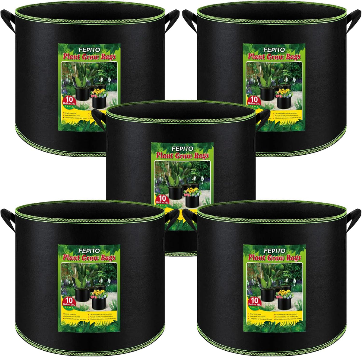 FEPITO 5 Pack 10 Gallon Grow Bags Heavy Duty Aeration Fabric Pots Plant Grow Bags with Handles Thickened Nonwoven Fabric Pots for Vegetable Fruits Flowers Plant