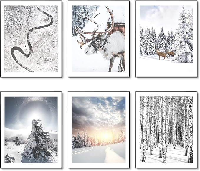 HoozGee Winter Wall Art Prints Set of 6 Canvas Print Artwork Sun Poster Ice Lake Snow Forest Frost Deer Pictures Photography Photo Bedroom Art Wall Decor (11"x14" UNFRAMED, Winter Art)
