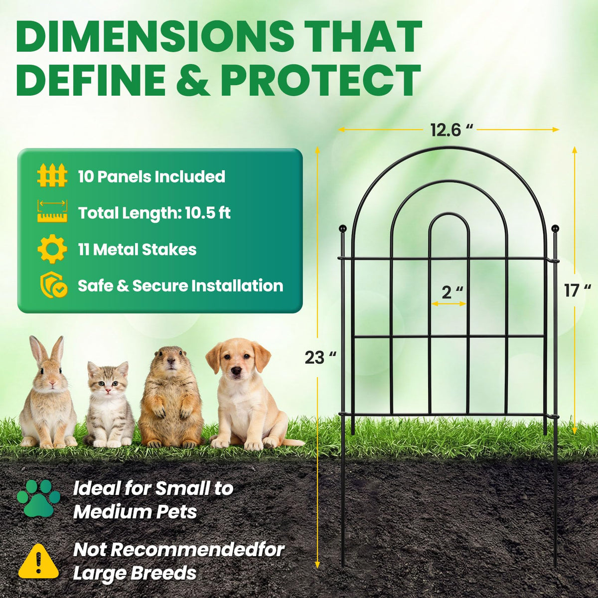 ArdeFentium Garden Fence Panels – 17"(H)x 10.83ft Arched Fencing with Tool-Free Install, Metal Fence Panels Rustproof Outdoor Barrier for Yard, Patio, Flower Beds, Dog Barrier, Decor and Garden Edging