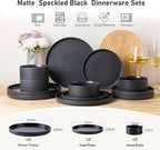 GBhome Ceramic Dinnerware Sets for 6, Matte Stoneware Plates and Bowls Sets,Chip and Scratch Resistant Dishes, Dishwasher & Microwave Safe, Oven safe,Reactive Glaze-Speckled Black
