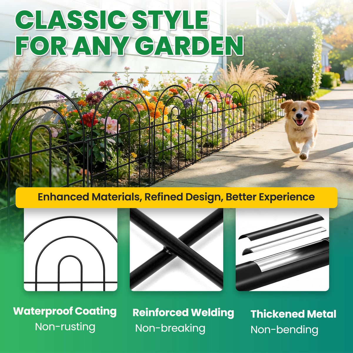 ArdeFentium Garden Fence Panels – 17"(H)x 10.83ft Arched Fencing with Tool-Free Install, Metal Fence Panels Rustproof Outdoor Barrier for Yard, Patio, Flower Beds, Dog Barrier, Decor and Garden Edging