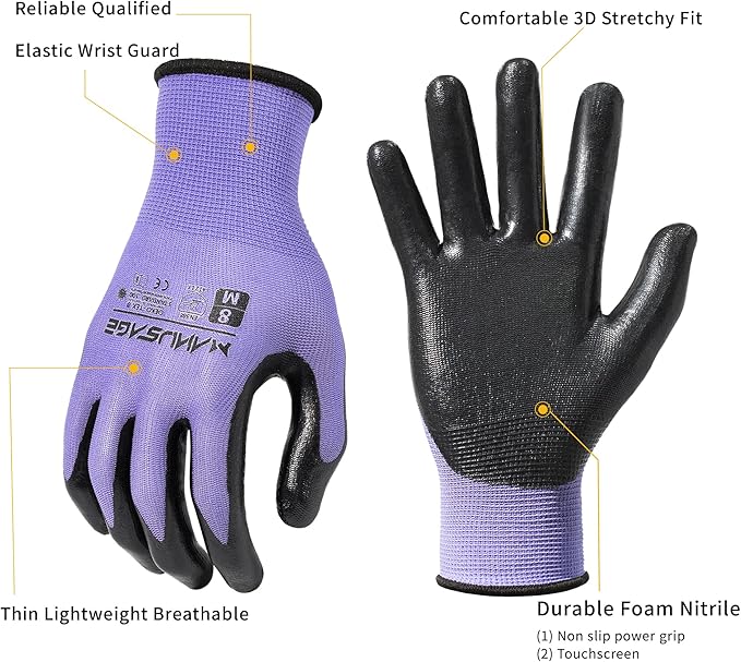Manusage Safety Work Gloves for Men and Women - Nitrile With Touchscreen Fingers and Grip - Mechanics Gloves (Size XXL, Purple, 24-Pairs)
