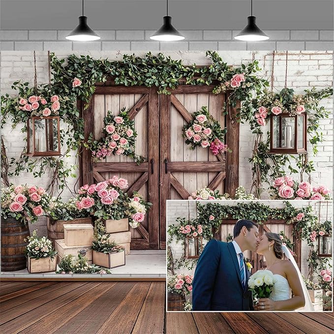 12x10ft Country Wedding Photography Backdrop Floral Rustic Roses Farmhouse Wooden Door Backdrop Pink Flower Birthday Baby Shower Wedding Bridal Party Banner Photo Booth Props Anniversary Background