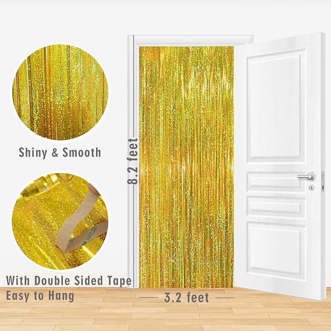 GOER 3.2 ft x 8.2 ft Metallic Tinsel Foil Fringe Curtains Party Photo Backdrop Party Streamers for Birthday,Graduation,New Year Eve Decorations Wedding Decor (3, Shiny Gold)