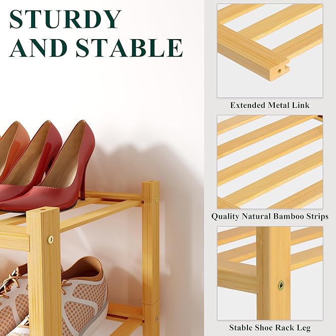 Smiry Bamboo Shoe Rack for Closet, 3 Tier Wooden Stackable Shoe Organizer, Free Standing Shoes Storage Shelf for Entryway, Front Door Entrance, Natural