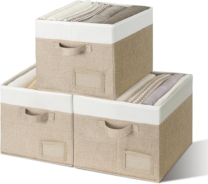 GRANNY SAYS Closet Storage Bins, Fabric Storage Baskets, Large, Khaki & Ivory, 3-Pack