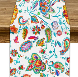 Paisley Table Runner, Watercolor Floral Oriental Indian Traditional Tulips Leaves Bohemian Paisley Print Table Runner for Kitchen Dining Tables Party Decor, 13x90inch