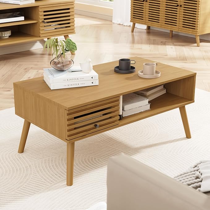 Coffee Table, Mid Century Modern Table with Storage, Living Room Center Table with Slatted Panel Drawer, Fluted Wood Coffee Table with Open Shelf for Living Room, Oak